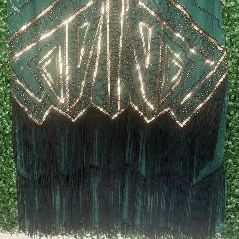 NWT BABEYOND Emerald & Gold Sequin Flapper Holiday Party Dress 3X-5XL Fringe - Picture 16 of 16